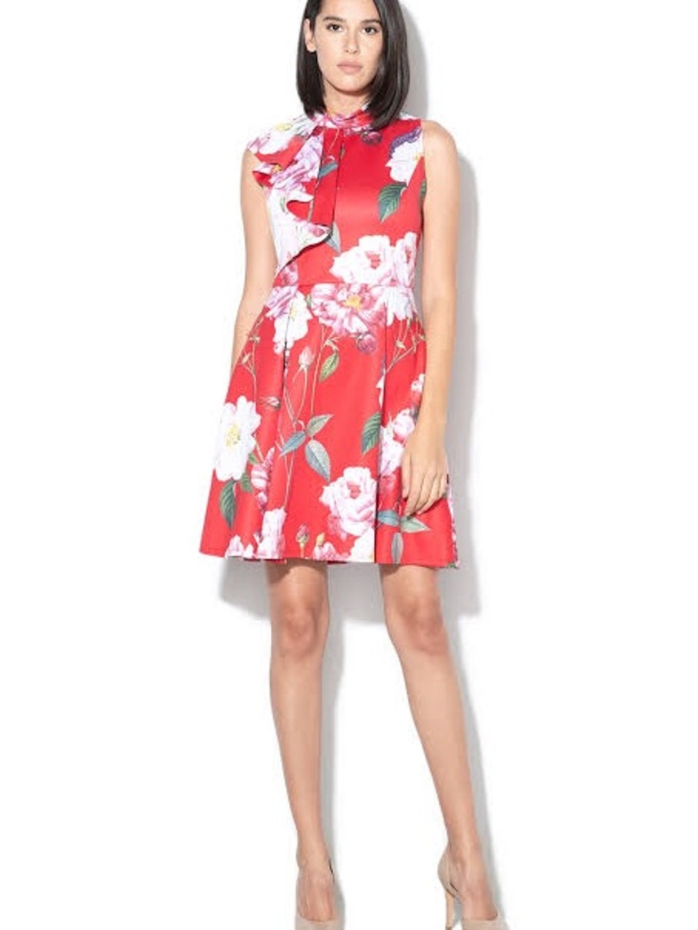 Ted Baker Sleeveless Red Floral Mini Dress with Neck Tie